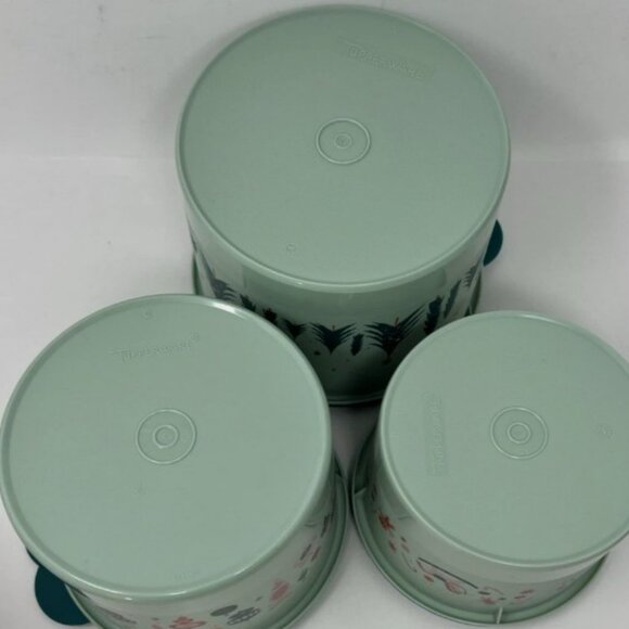 Tupperware 3Pc Christmas Print Canisters Light Green Trees Ornaments Gingerbread - Picture 8 of 16